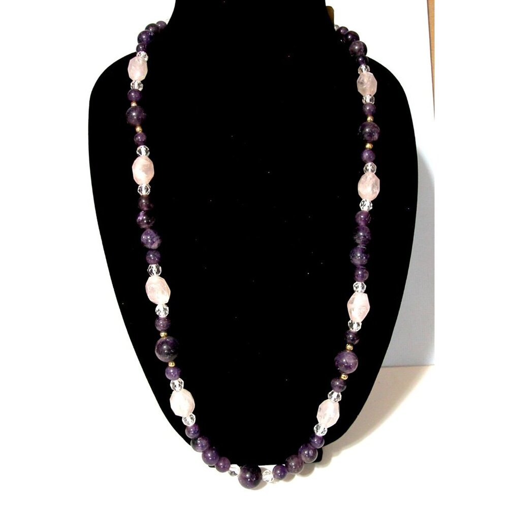 Crystal & Rose Quartz Necklace With Amethyst Beads Made In India